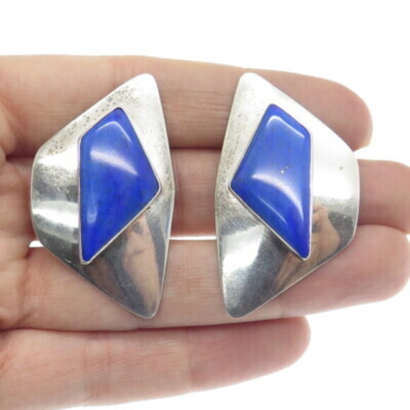 SAM LOVATO Old Pawn 925 Sterling Silver Vintage Lapis Tribal Clip On Earrings